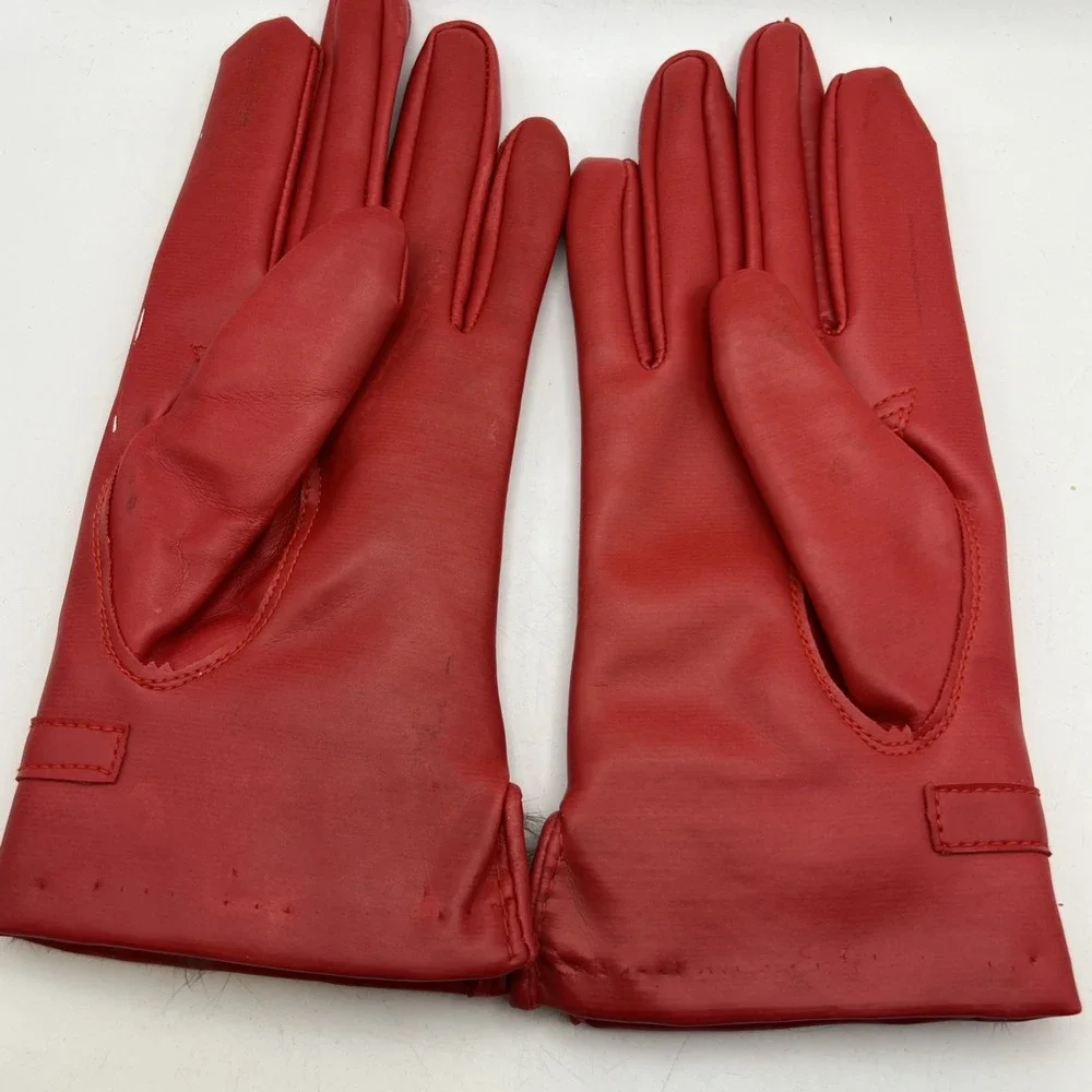 Vintage Red Dress Gloves Rabbit Fur Trim Cuff Sz M/L Fits XS Kids Petite Retro